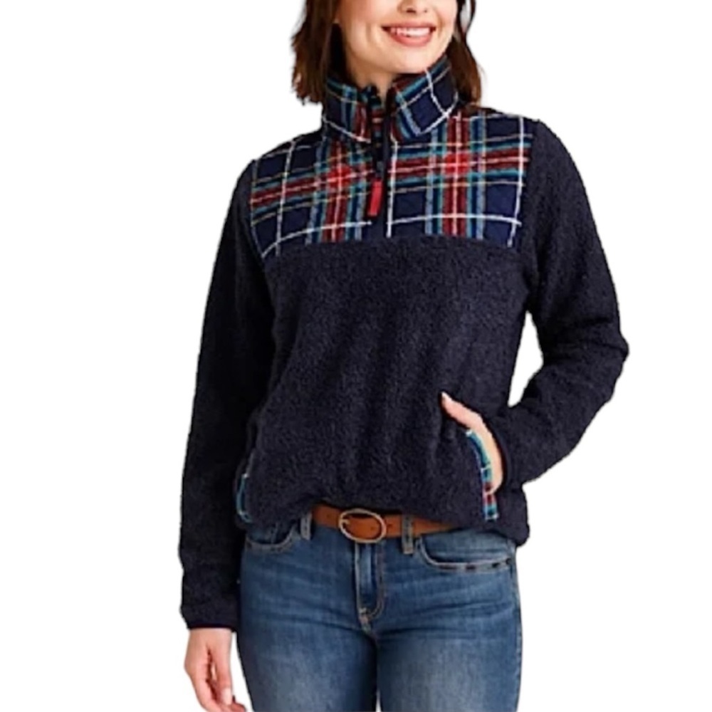 Vera Bradley Women’s 1/4 Zip Sherpa Plaid Fleece Pullover Sweater